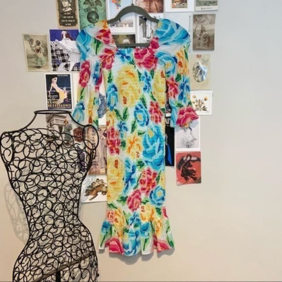 ALL THINGS MOCHI MARIANA FLORAL SHIRRED SILK RUFFLE PUFF 3/4 SLEEVE BODYCON DRES - Picture 4 of 9